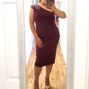 Ted Baker London Wine Colored One Shoulder Floral Lace Embroidered Sheath Dress